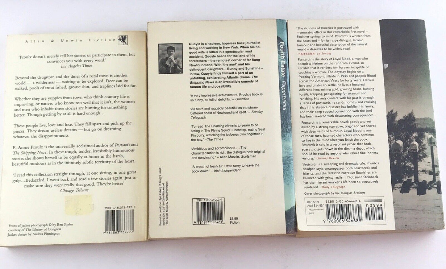 3x Book Bundle by E. Annie Proulx (Paperback 1994) The Shipping News, Postcards