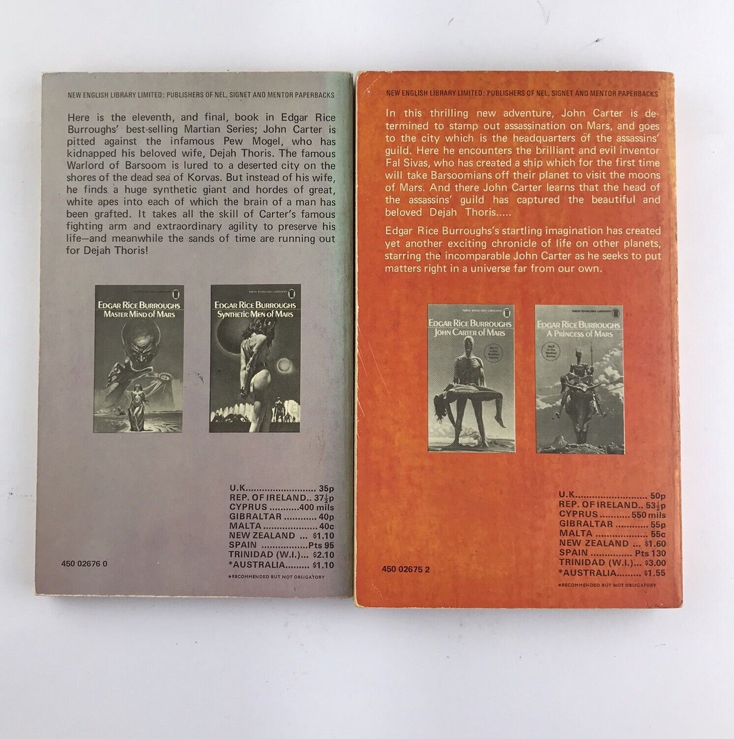 John Carter of Mars + Swords of Mars By Edgar Rice Burroughs (Paperback 1975)