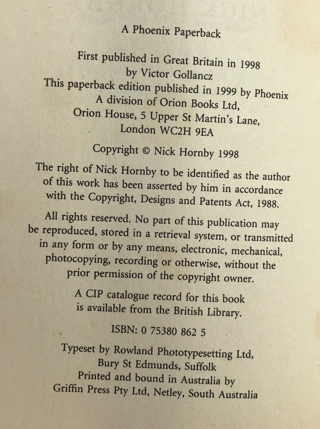 About a Boy by Nick Hornby (Early Edition Paperback, 1999)