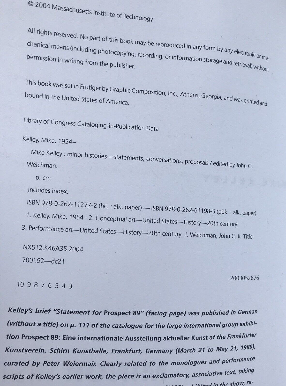 Minor Histories: Statements, Conversations, Proposals By Mike Kelley (PB 2004)