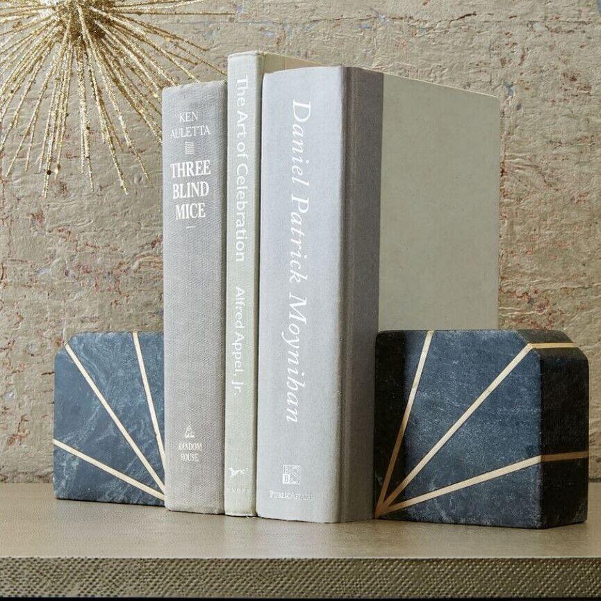 Solid Heavy Art Deco Cloudy Grey Marble with Brass Inlay Bookends - Set of 2