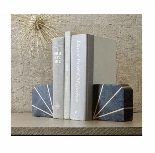 Solid Heavy Art Deco Cloudy Grey Marble with Brass Inlay Bookends - Set of 2