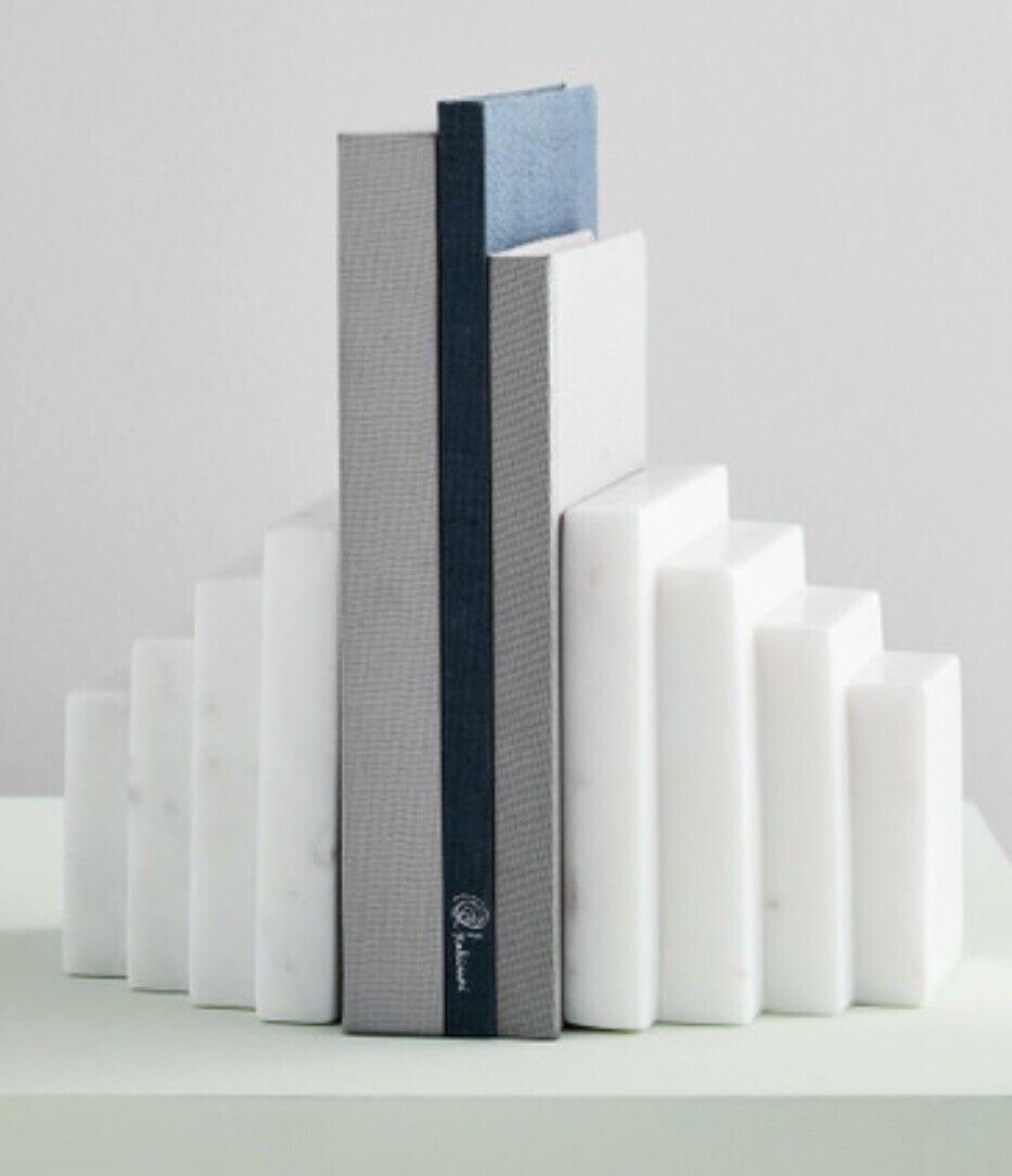 White Stepped Solid Marble Bookends Bookend Bookshelf Home Decor - Set of 2